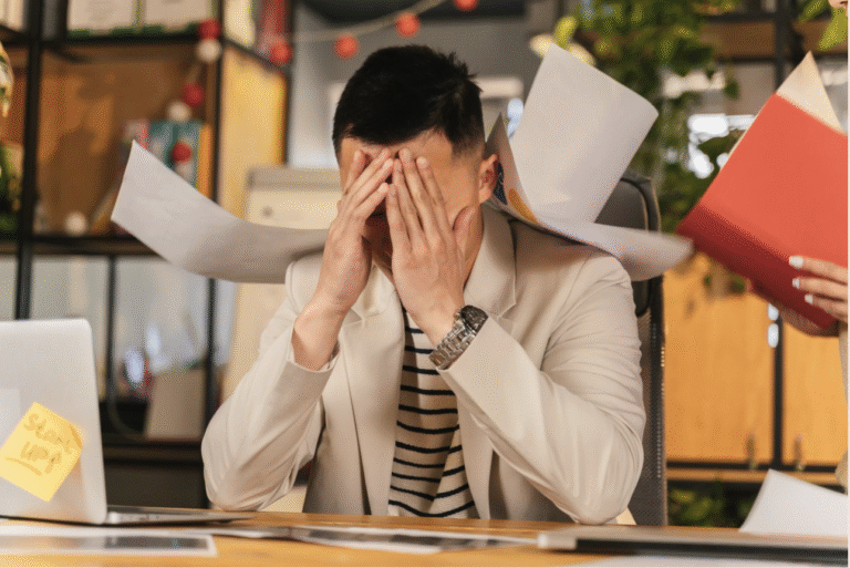 Ein Mann hat stress, es fliegen Akten auf ihn