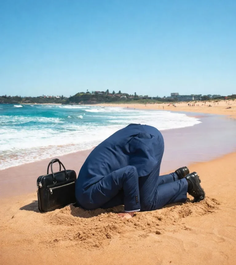 Mann steckt kopf in den Sand