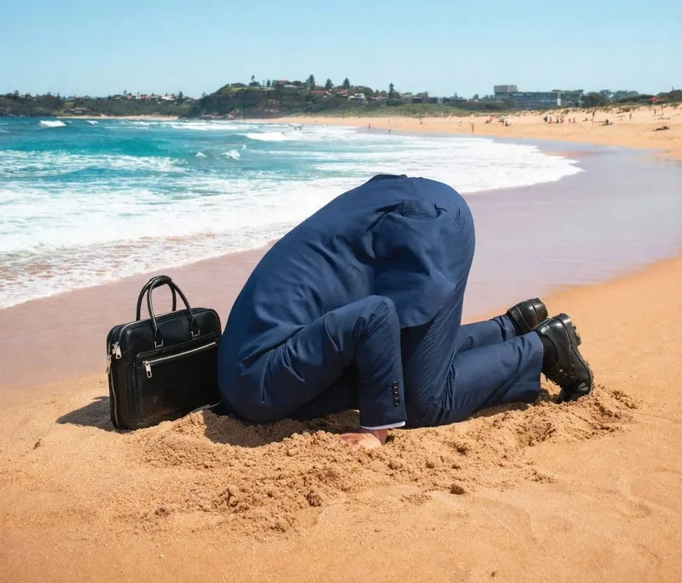 Mann steckt kopf in den Sand